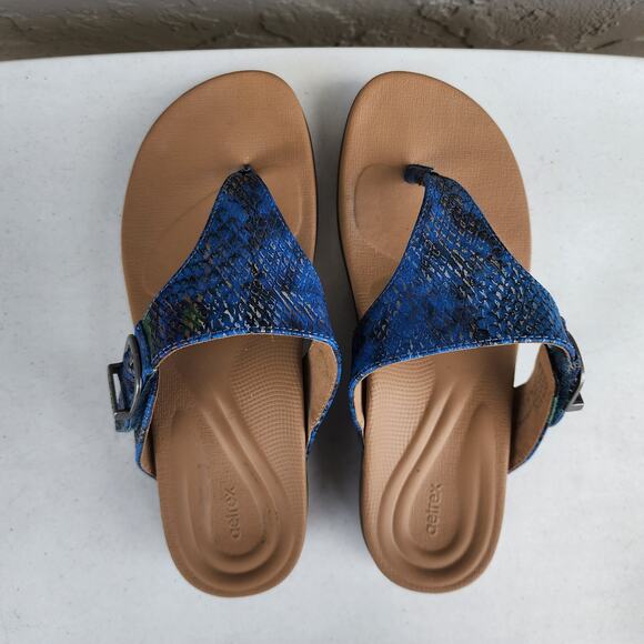 Aetrex Flip Flop Sandals Womens 6 Rita Adjustable Blue Snakeskin Comfort Thong - Picture 13 of 13